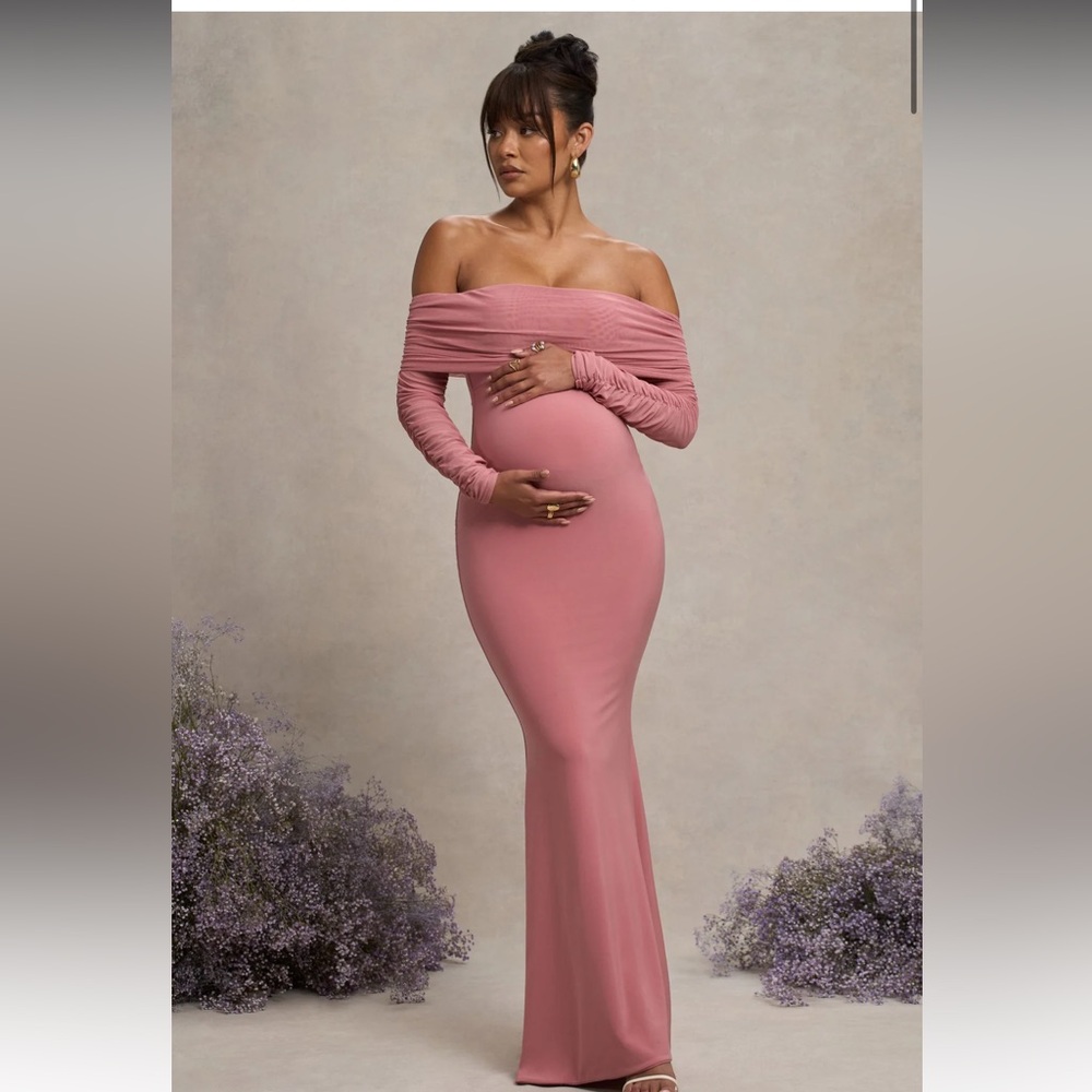 CLUB L LONDON PRETTY PERFECT BLUSH PINK MATERNITY DRESS MESH BARDOT MAXI DRESS